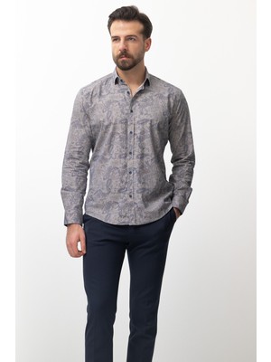 Desenli Bej Rengi Slim Fit Erkek Gömlek