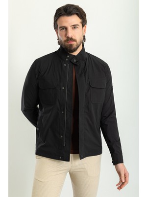 Düz Siyah Renk Slim Fit Hakim Yaka Erkek Mont