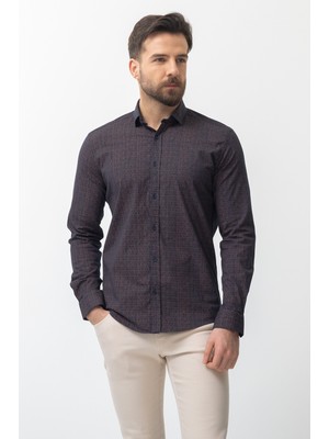 Desenli Lacivert Kamel Slim Fit Erkek Gömlek