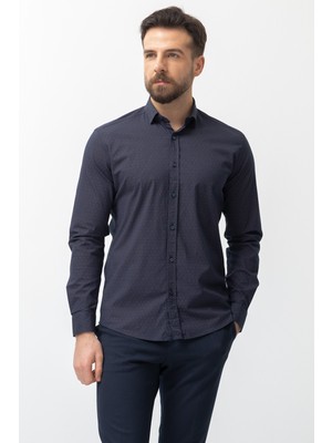 Desenli Lacivert Kamel Renk Slim Fit Erkek Gömlek