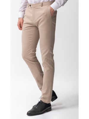 Dokulu Bej Rengi Super Slim Fit Erkek Pantolon