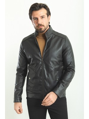 Düz Siyah Slim Fit Hakim Yaka Suni Deri Erkek Mont