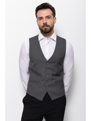 MCR Düz Antrasit Rengi Slim Fit Klasik Erkek Yelek Hakim Yaka Özellikli Şık Tasarım