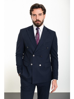 Düz Lacivert Slim Fit Geniş Yaka Kruvaze Erkek Takım Elbise