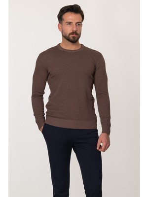 Düz Kahverengi Slim Fit Erkek Bisiklet Yaka Kazak