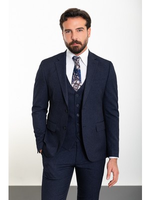 Düz Lacivert Slim Fit Mono Yaka Klasik Erkek Takım Elbise
