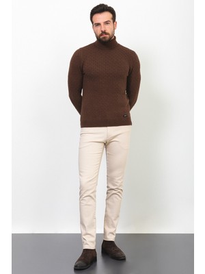 Desenli Kahverengi Slim Fit Tam Balıkçı Yaka Yün Erkek Kazak