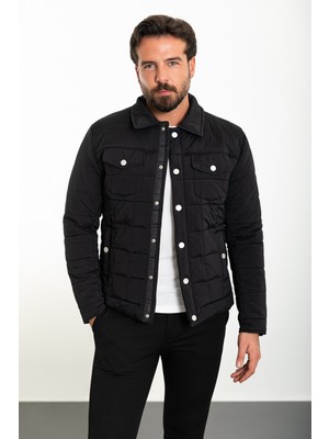 Düz Siyah Slim Fit Gömlek Yaka Şişme Erkek Mont