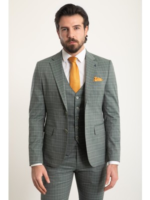 Ekoseli Haki Rengi Slim Fit Mono Yaka Erkek Takım Elbise