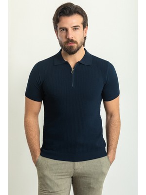 Desenli Slim Fit Fermuarlı Polo Yaka Erkek Triko T-Shirt