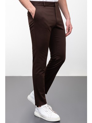 Düz Kahverengi Super Slim Fit Erkek Pantolon