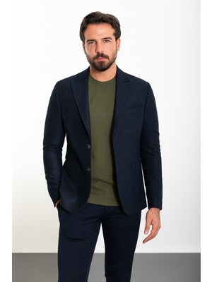 Düz Lacivert Slim Fit Torba Cep Geniş Yaka Yün Erkek Ceket