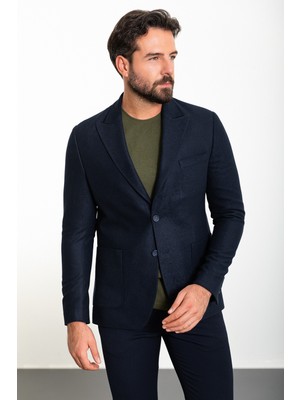 Düz Lacivert Slim Fit Torba Cep Geniş Yaka Yün Erkek Ceket