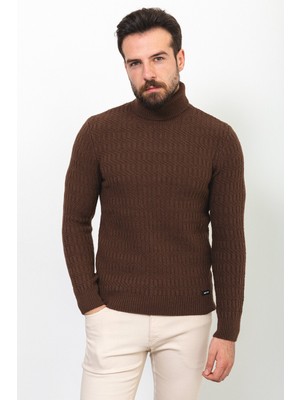 Örgü Desenli Kahverengi Slim Fit Tam Balıkçı Yaka Yün Erkek Kazak