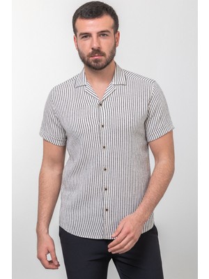 Çizgili Siyah Renk Slim Fit Apaç Yaka Kısa Kollu Erkek Gömlek
