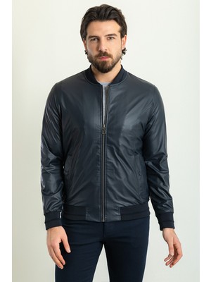 Desenli Lacivert Renk Slim Fit Hakim Yaka Erkek Mont