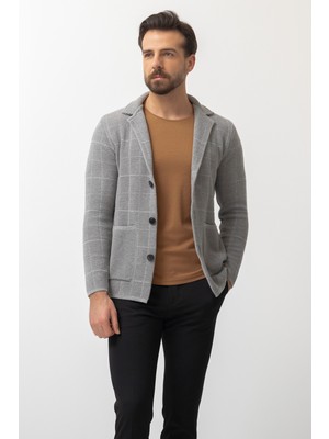 MCR Kareli Gri Renk Torba Cep Slim Fit Erkek Triko Ceket