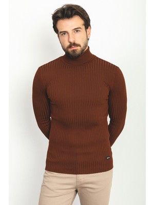 Çizgili Kiremit Rengi Slim Fit Tam Balıkçı Yaka Erkek Kazak