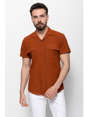 Desenli Kiremit Rengi Slim Fit Kısa Kollu Apaç Yaka Erkek Gömlek