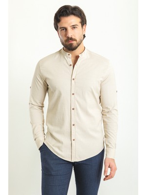 Desenli Bej Rengi Slim Fit Hakim Yaka Uzun Kollu Erkek Gömlek