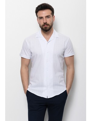 Desenli Beyaz Renk Slim Fit Kısa Kollu Apaç Yaka Erkek Gömlek