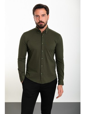 Düz Haki Slim Fit Erkek Gömlek