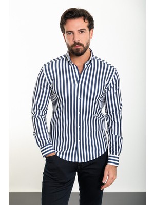 MCR Çizgili Lacivert Slim Fit Uzun Kollu Erkek Gömlek