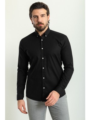 Düz Siyah Renk Slim Fit Uzun Kollu Erkek Gömlek