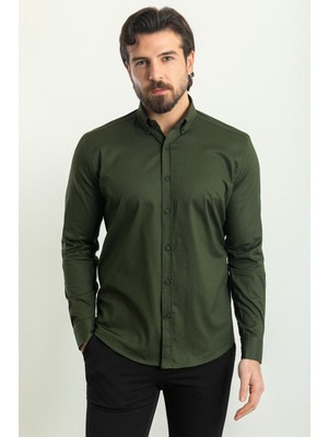 Çizgi Desenli Haki Rengi Slim Fit Uzun Kollu Erkek Gömlek