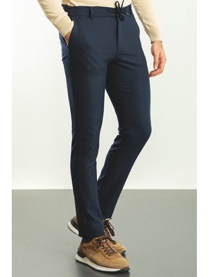 Düz Lacivert Renk Super Slim Fit Beli Lastikli İpli Erkek Pantolon