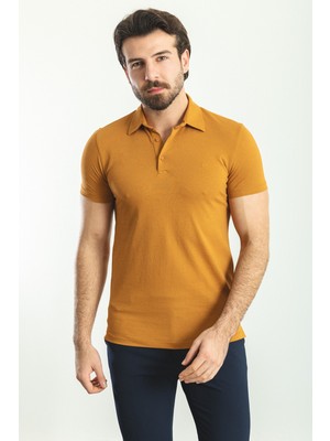 Düz Kamel Rengi Slim Fit Polo Yaka Basic Erkek T-Shirt