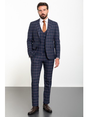 Ekoseli Lacivert Slim Fit Mono Yaka Yün Erkek Takım Elbise