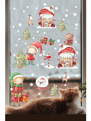 Mediterian Yılbaşı Temalı Karlı Mantar Ev Dekor Sticker, Renkli ve Sevimli Cüceler, Bebek ve Çocuk Odası için