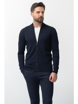 Duz Lacivert Renk Slim Fit Yarım Balıkcı Yaka Erkek Hırka