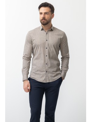 Desenli Bej Rengi Slim Fit Erkek Gömlek