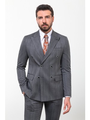 Çizgili Siyah Slim Fit Kruvaze Erkek Takım Elbise