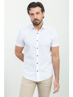 Düz Beyaz Renk Slim Fit Kısa Kollu Erkek Gömlek