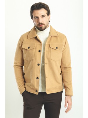 Düz Kamel Rengi Slim Fit Gömlek Yaka Yün Erkek Mont