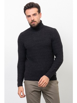 Örgü Desenli Siyah Renk Slim Fit Tam Balıkçı Yaka Yün Erkek Kazak