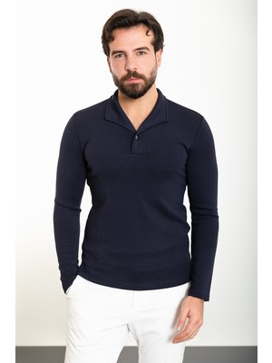Düz Lacivert Renk Slim Fit Apaç Yaka Uzun Kollu Erkek T-Shirt