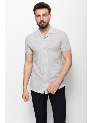 Desenli Gri Renk Slim Fit Kısa Kollu Apaç Yaka Erkek Gömlek