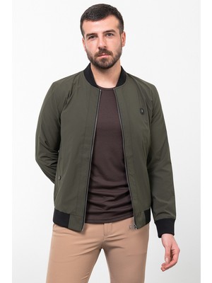 Düz Haki Rengi Slim Fit Hakim Yaka Erkek Mont