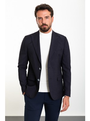 MCR Düz Lacivert Slim Fit Geniş Yaka Yün Erkek Ceket