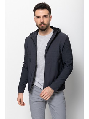 Cizgili Antrasit Rengi Slim Fit Kapüşonlu Erkek Mont