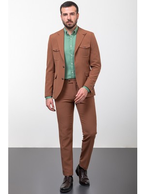 Düz Kamel Rengi Slim Fit Torba Cep Mono Yaka Erkek Takım Elbise