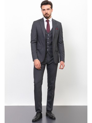 Ekoseli Siyah Renk Slim Fit Mono Yaka Erkek Takım Elbise