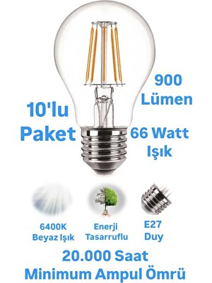 8W Rustik LED Ampul Beyaz Işık E27 Duylu Dekoratif Ampul Flamanlı 900 Lümen