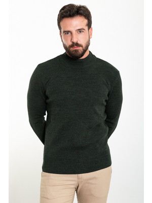 Düz Haki Slim Fit Yarım Balıkçı Yaka Yün Erkek Triko Kazak