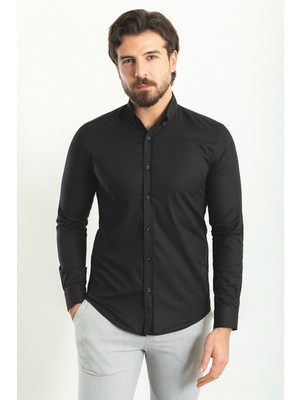 Düz Siyah Renk Slim Fit Uzun Kollu Erkek Gömlek