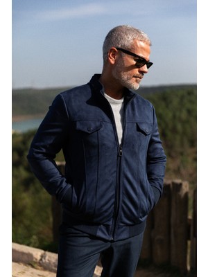 Düz Lacivert Slim Fit Hakim Yaka Süet Erkek Mont